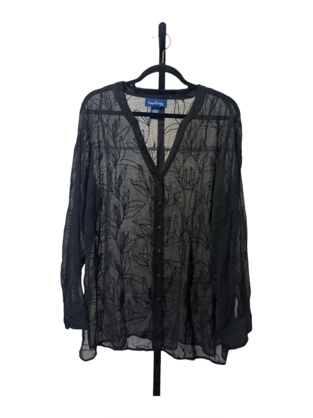 Evan Picone Black Sheer V-Neck Button-Down Blouse